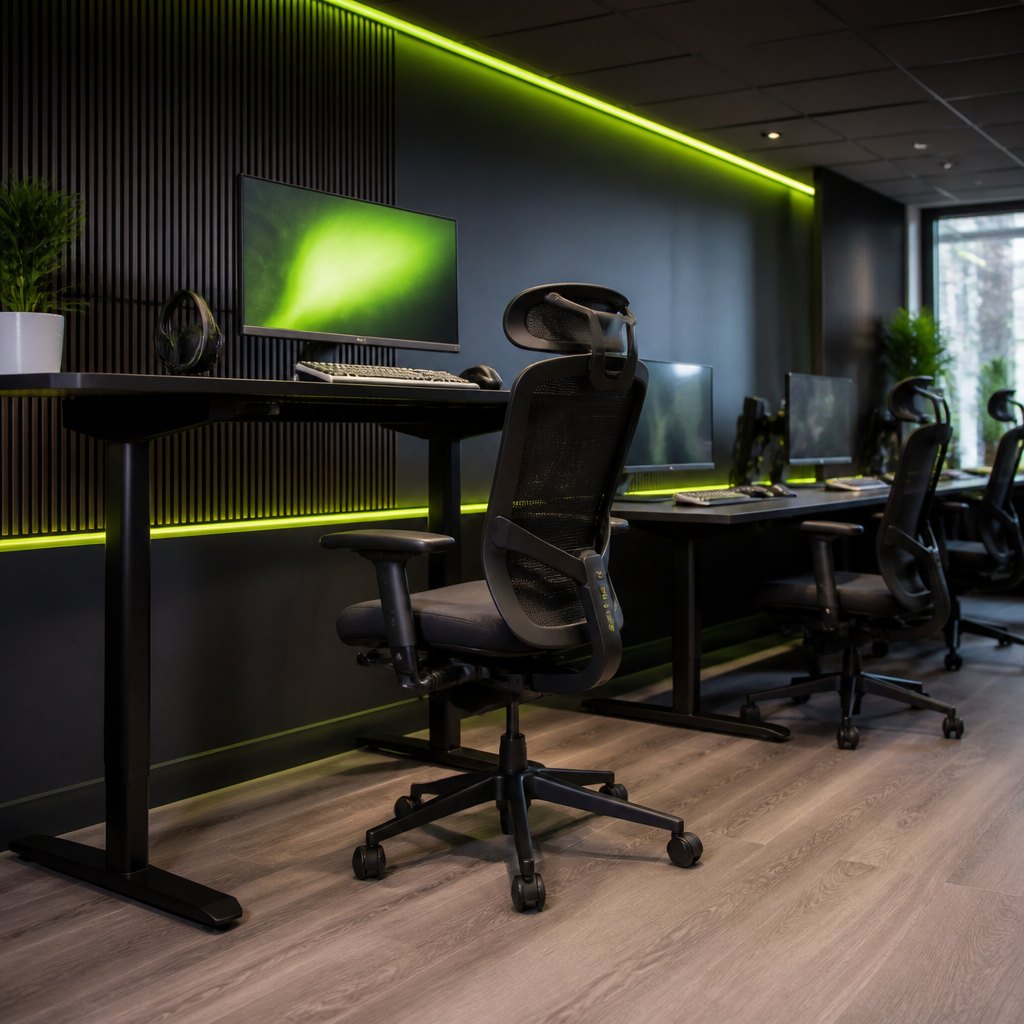 A row of sit/stand gaming desks, one raised for standing, lime-green accents