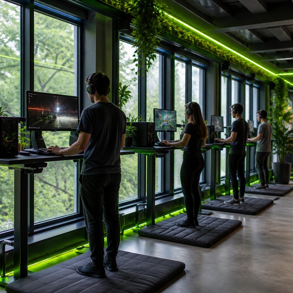 Standing-only gaming desks along a window wall with cushioned floor mats