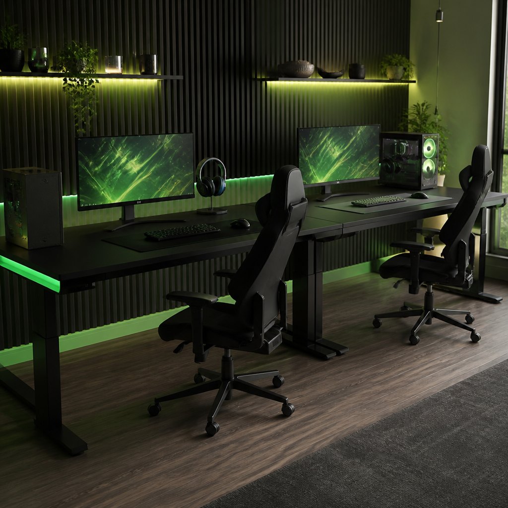Two wide ergonomic gaming desks side by side, independent heights